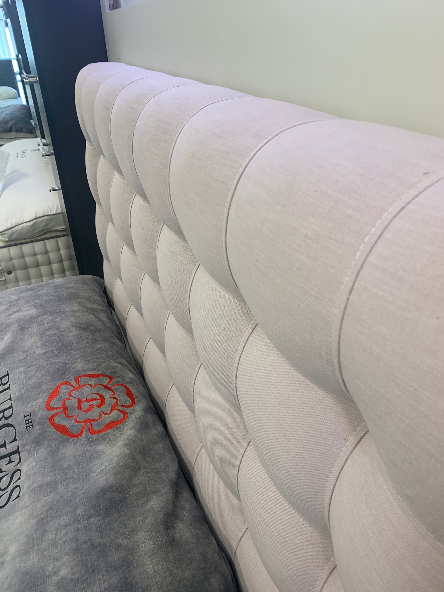 Ex Display Burgess Double ottoman base and floor standing headboard.