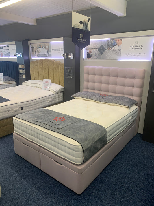Ex Display Burgess Double ottoman base and floor standing headboard.